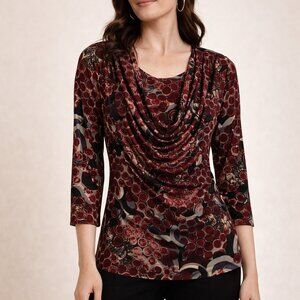 Roz & Ali Red Print Top with Cowl Neckline Sz M 3/4 Sleeve Work Casual